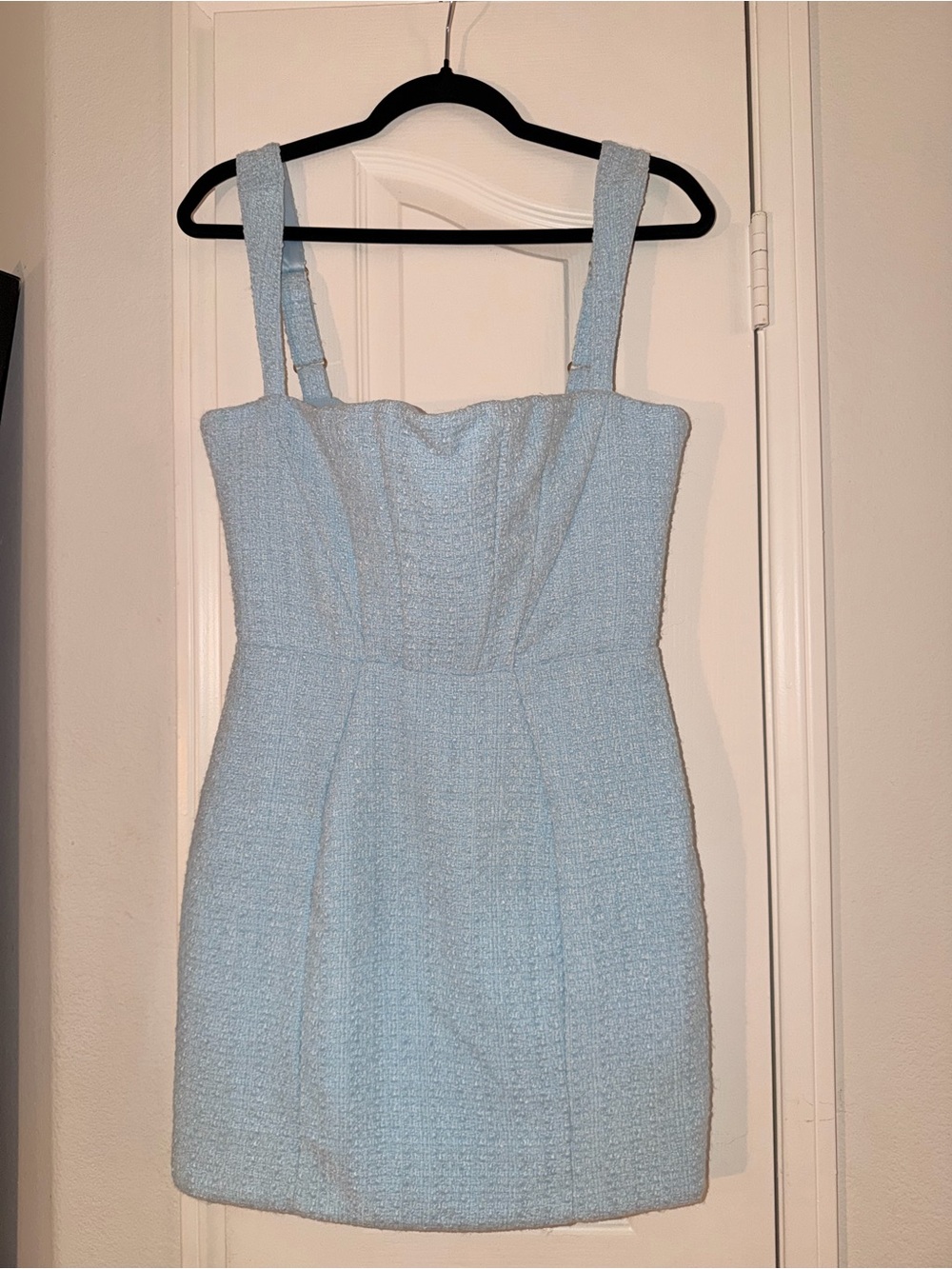 Oh Polly Powder Blue Tweed Square-Neck Mini Dress